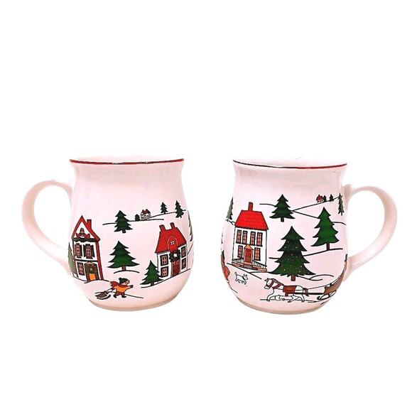 2 Cups Jamestown China Joy of Christmas Coffee Mug Winter Trees Sleigh Ceramic - Picture 6 of 11